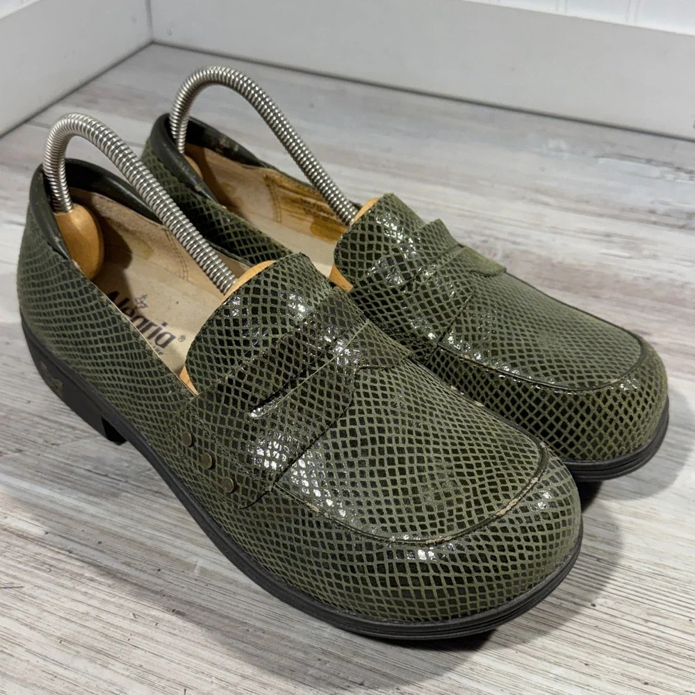 Alegria Taylor Pro Olive Gloss Snake Penny Loafers Women's EU 42